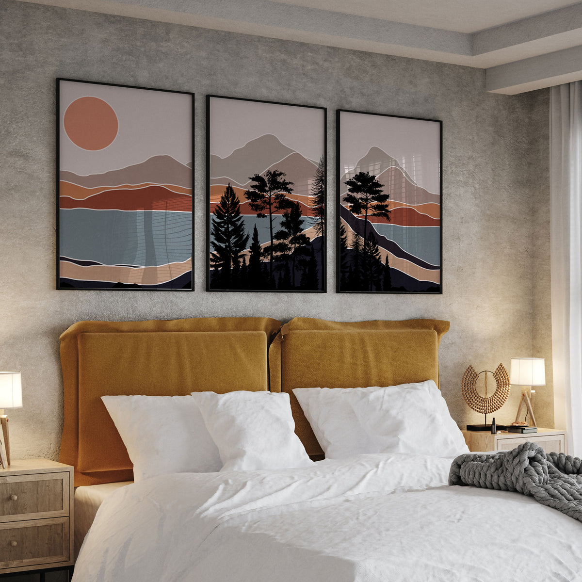 Boho wall art, Abstract landscape mountain trees, Boho decor Minimalist art