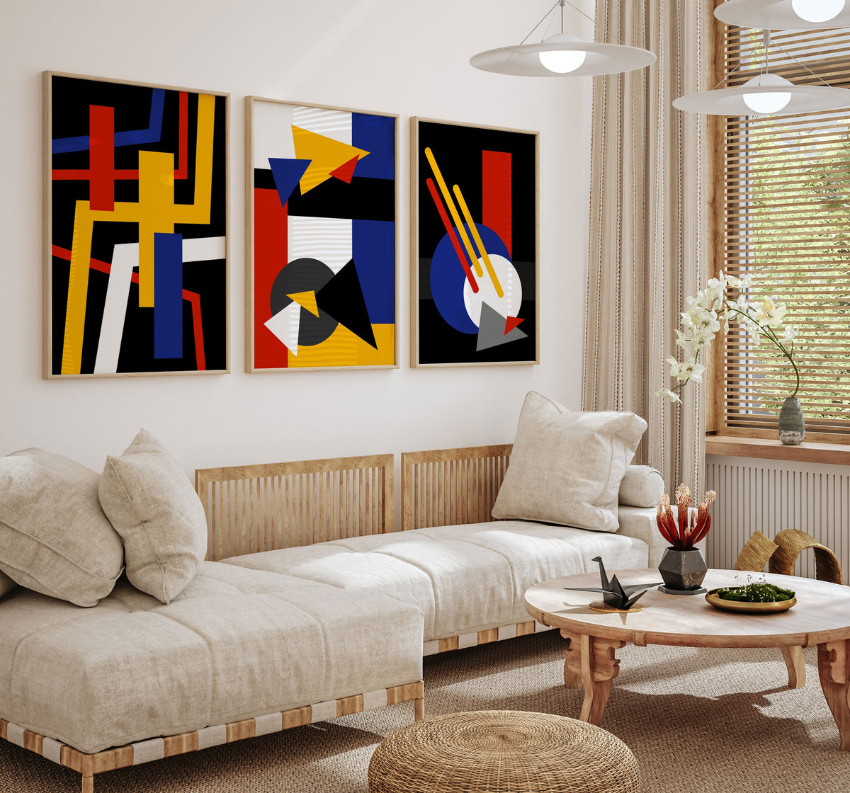 Abstract Geometry Bauhaus, Set of 3, Set of Three Paintings