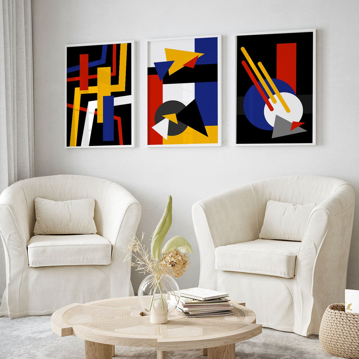 Abstract Geometry Bauhaus, Set of 3, Set of Three Paintings