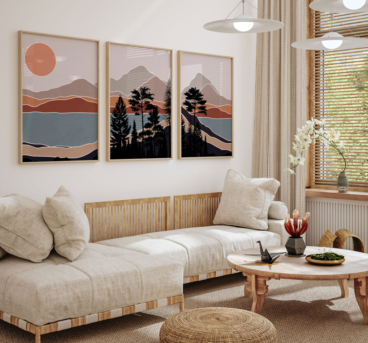 Boho wall art, Abstract landscape mountain trees, Boho decor Minimalist art