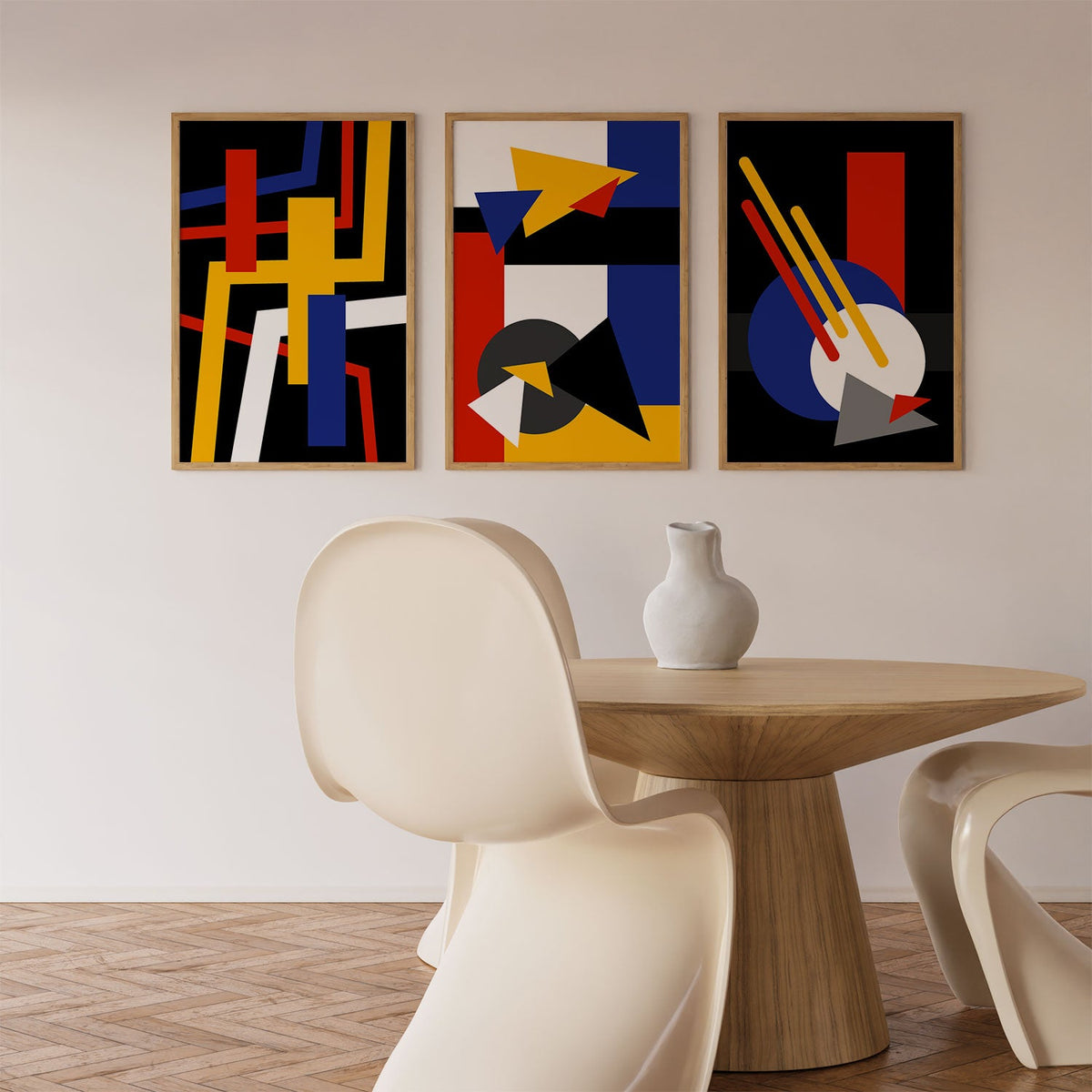 Abstract Geometry Bauhaus, Set of 3, Set of Three Paintings