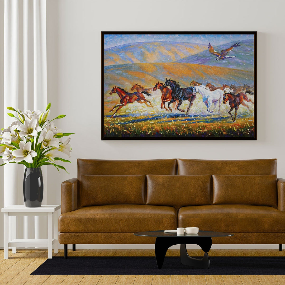 A large eagle over the running herd of horses , Big Canvas Paintings