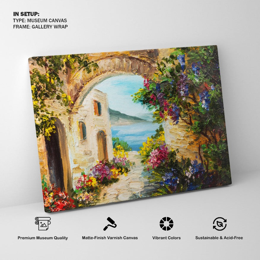 house near the sea colorful flowers summer seascape, Big Canvas Paintings