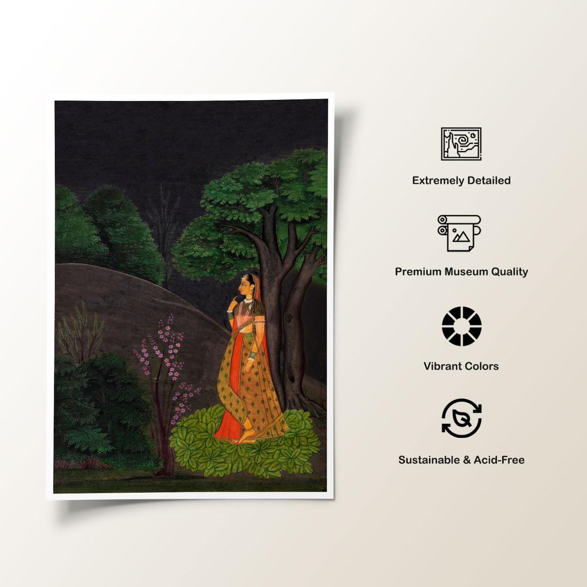 A girl waiting for her lover under a tree , Indian Miniature Paintings