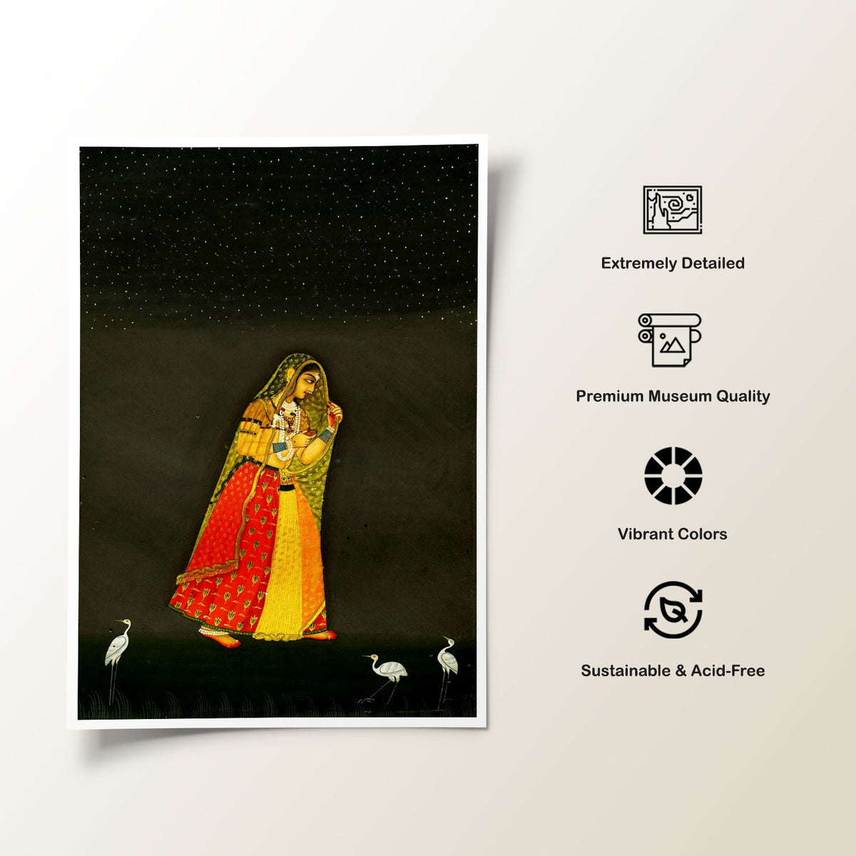 A lady moves through a moon lit landscape, Rajasthani Miniature Paintings