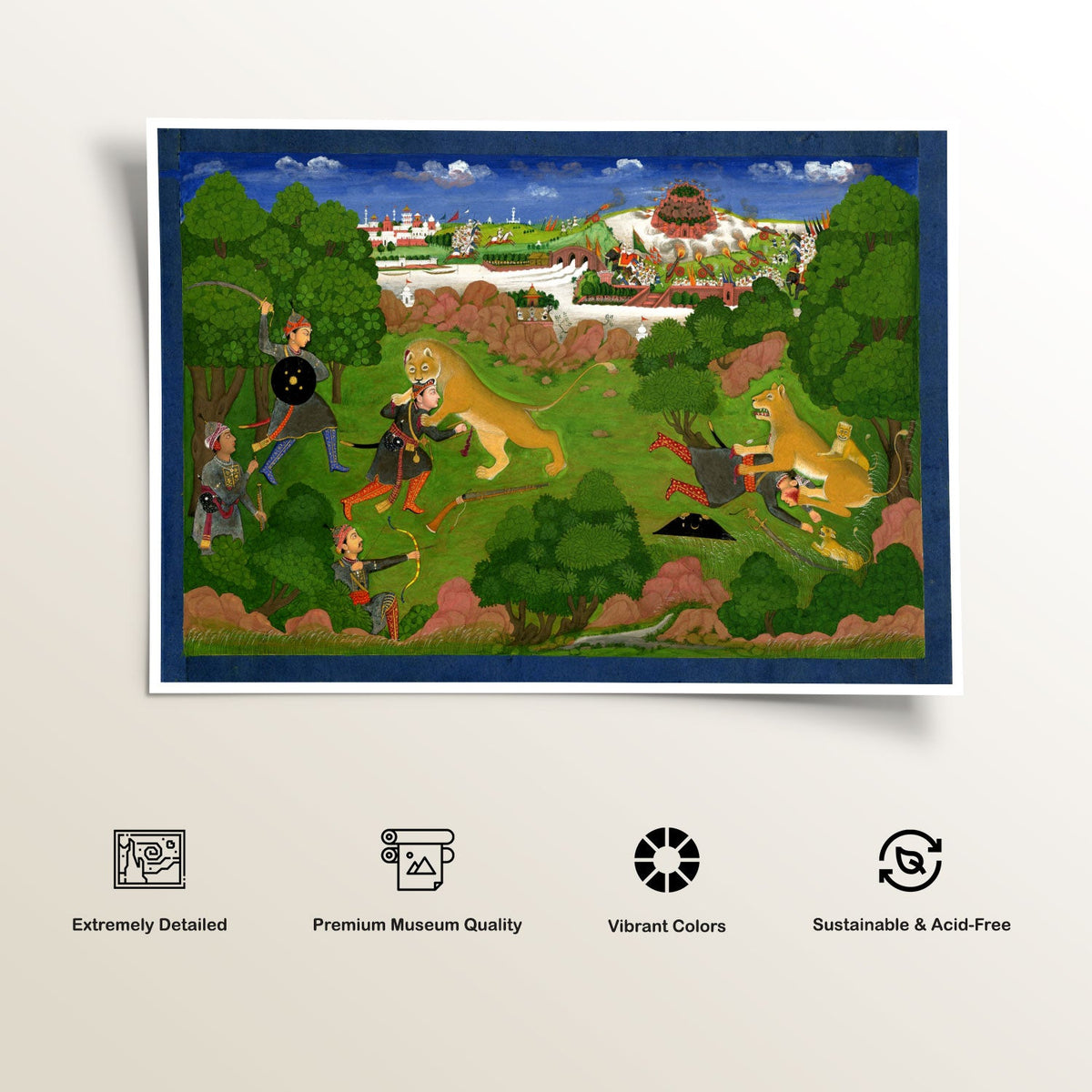 A lion hunt where two hunters are being mauled by their prey, Indian Miniature Paintings