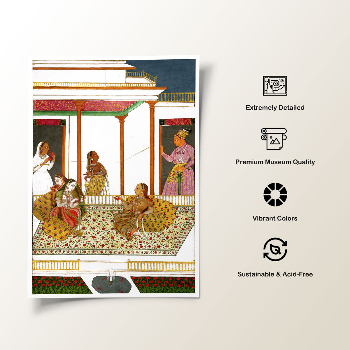 A prince visiting ladies sitting on a terrace with their attendants, Rajasthani Miniature Paintings