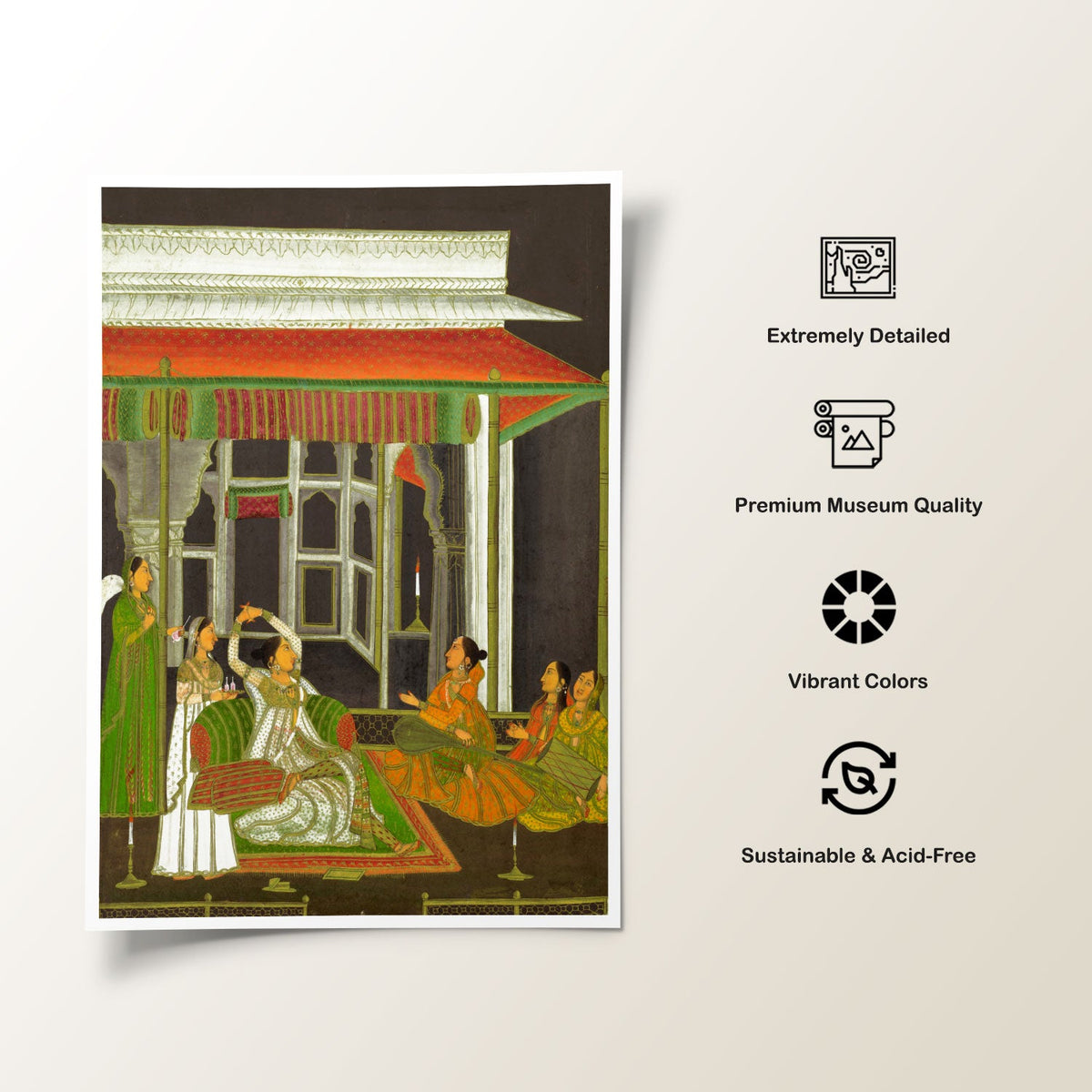 A princess on a terrace with attendants at night, Indian Miniature Paintings