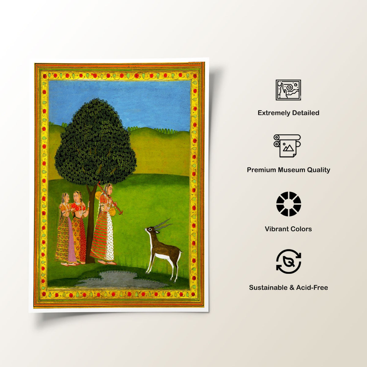 A woman playing a vina to a deer, Rajasthani Miniature Paintings