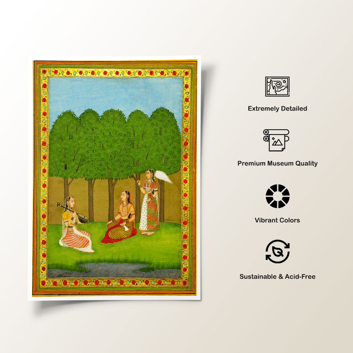 A woman seated in a forest with a musician and an attendant, Rajasthani Miniature Paintings