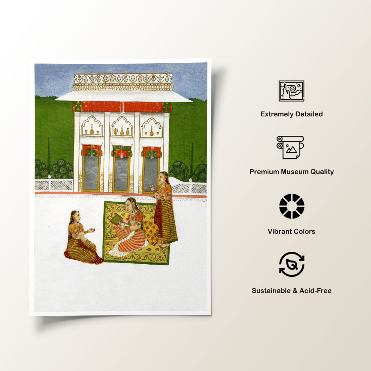 A woman seated on a terrace painting a portrait of a man, Rajasthani Miniature Paintings