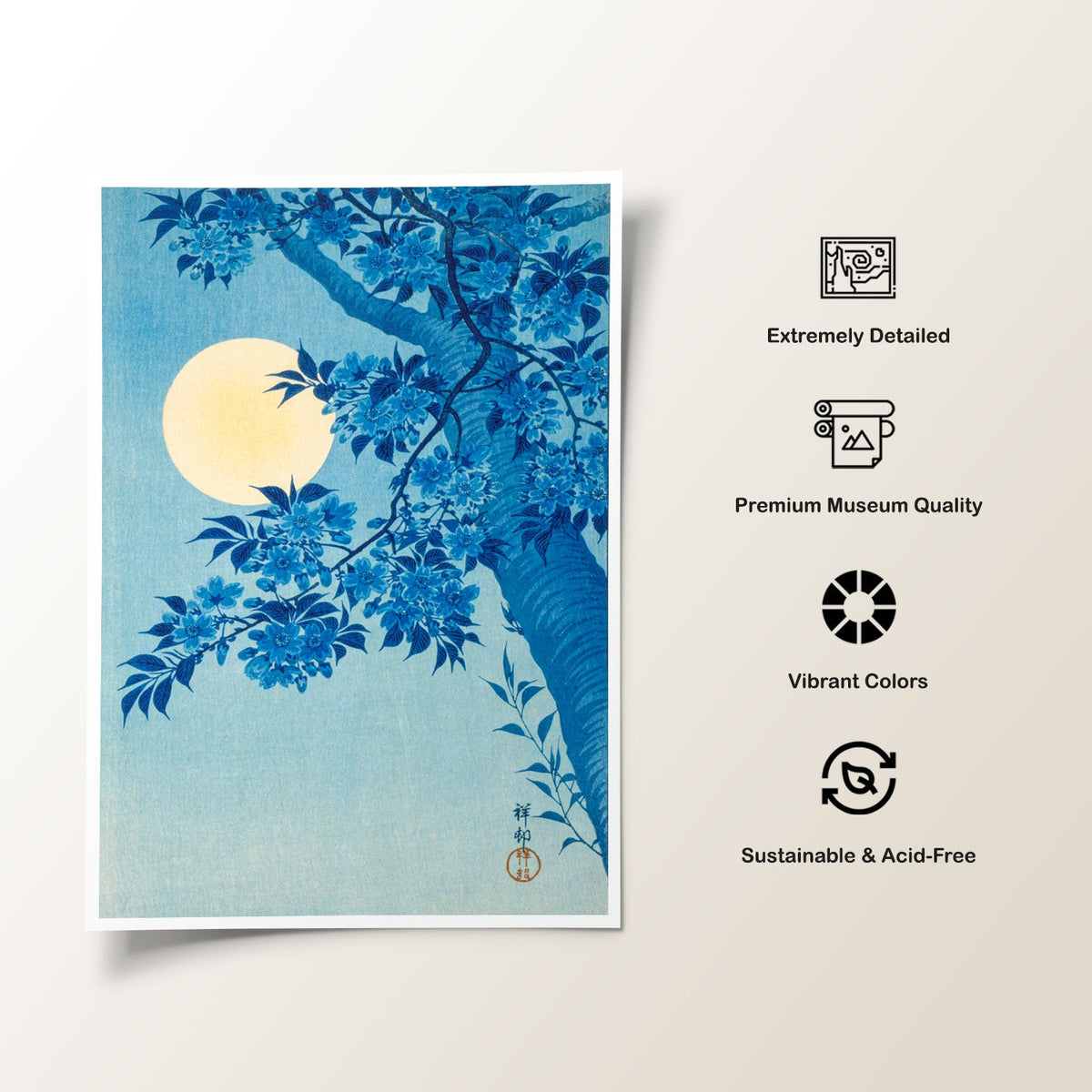 Blossoming Cherry on a Moonlit, Japanese Art Painting