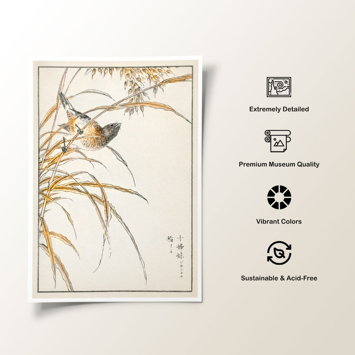 Japanese Grey Bunting and Rise Plant, Japanese Art Painting