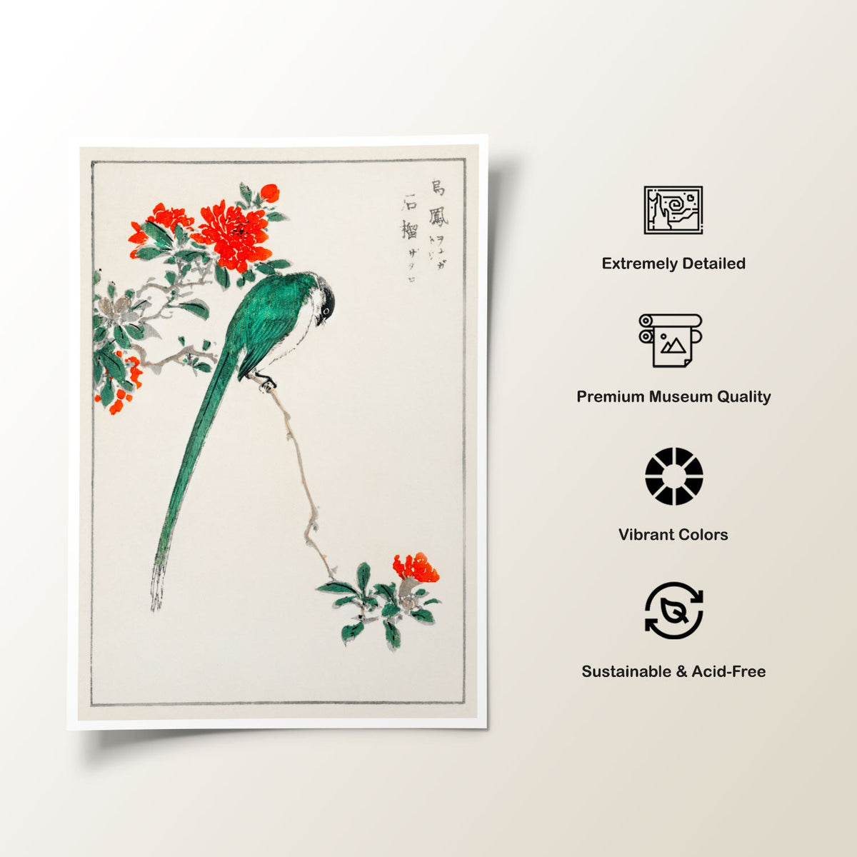 Japanese Long-tailed Tit and Pomegranate, Japanese Art Painting