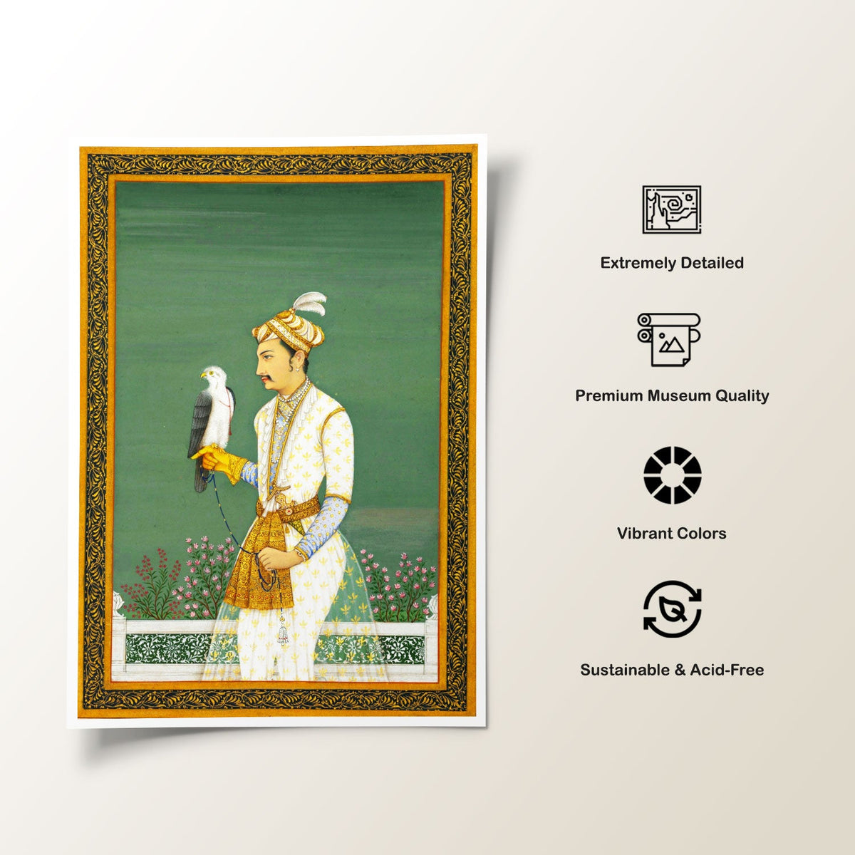 Portrait of a Prince with a Hawk, Mughal Miniature Paintings