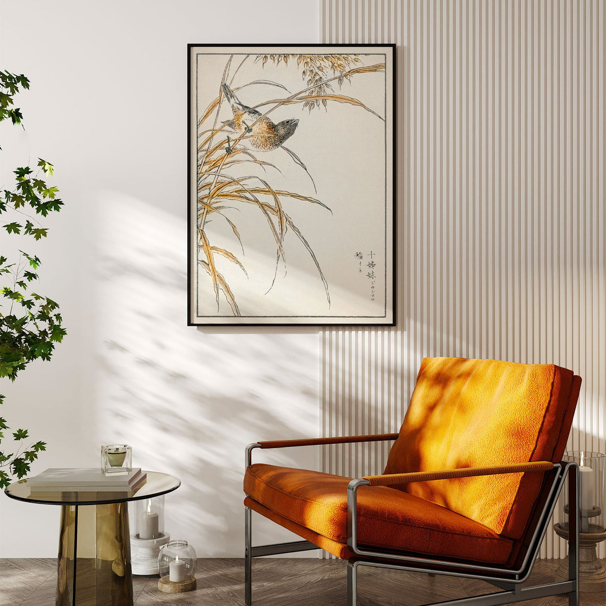 Japanese Grey Bunting and Rise Plant, Japanese Art Painting