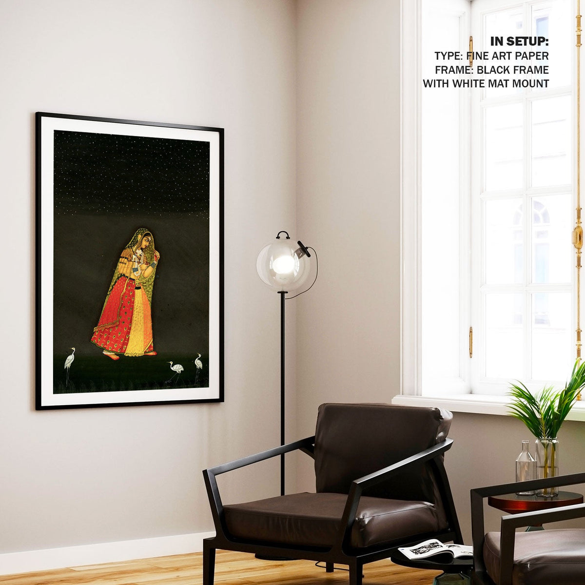 A lady moves through a moon lit landscape, Rajasthani Miniature Paintings