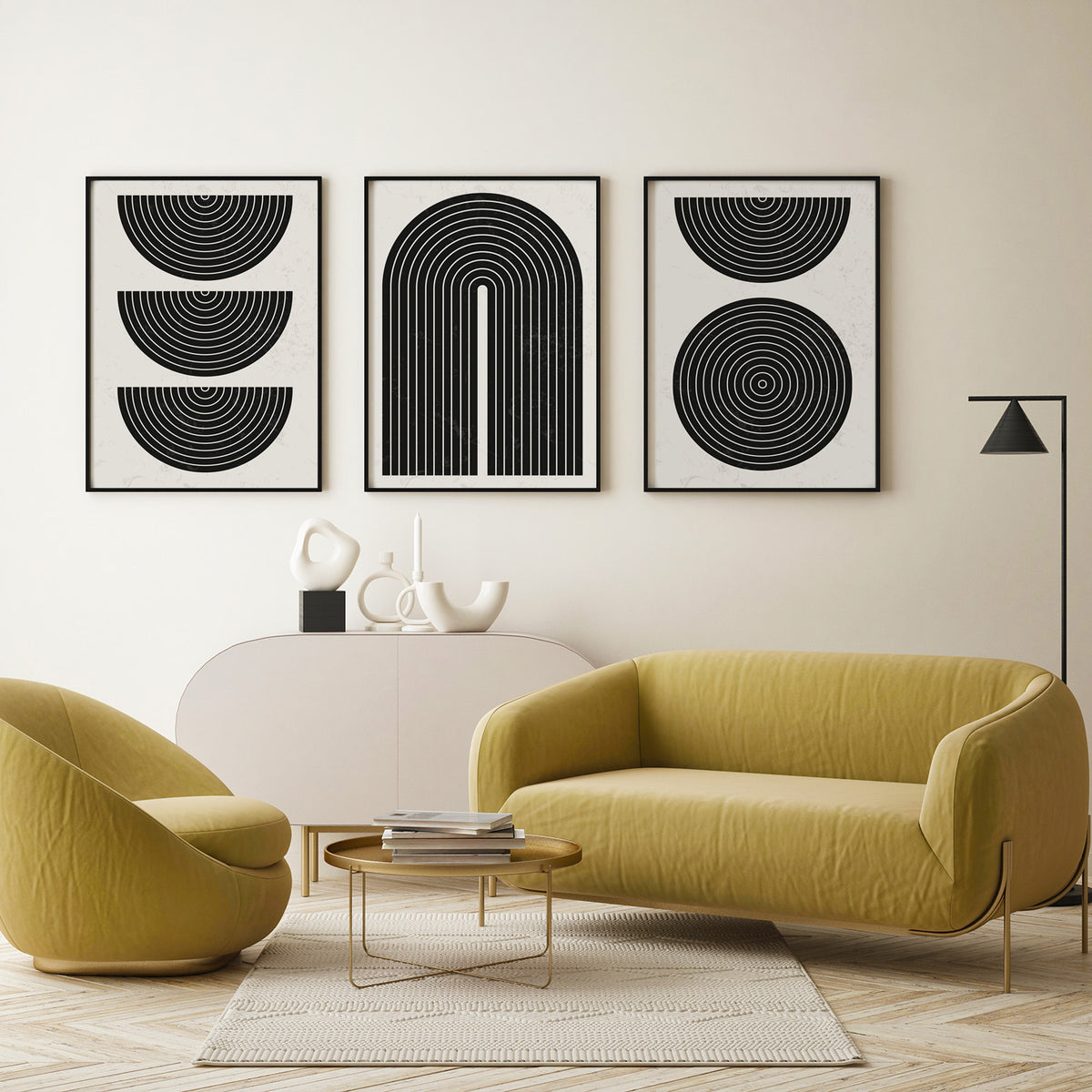 Abstract Black and White Geometric Art Set of 3, Modern Wall Art, Mid-Century Art, Boho Art