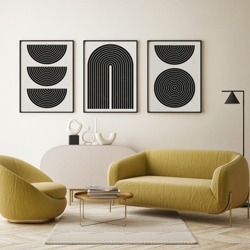 Abstract Black and White Geometric Art Set of 3, Modern Wall Art, Mid-Century Art, Boho Art