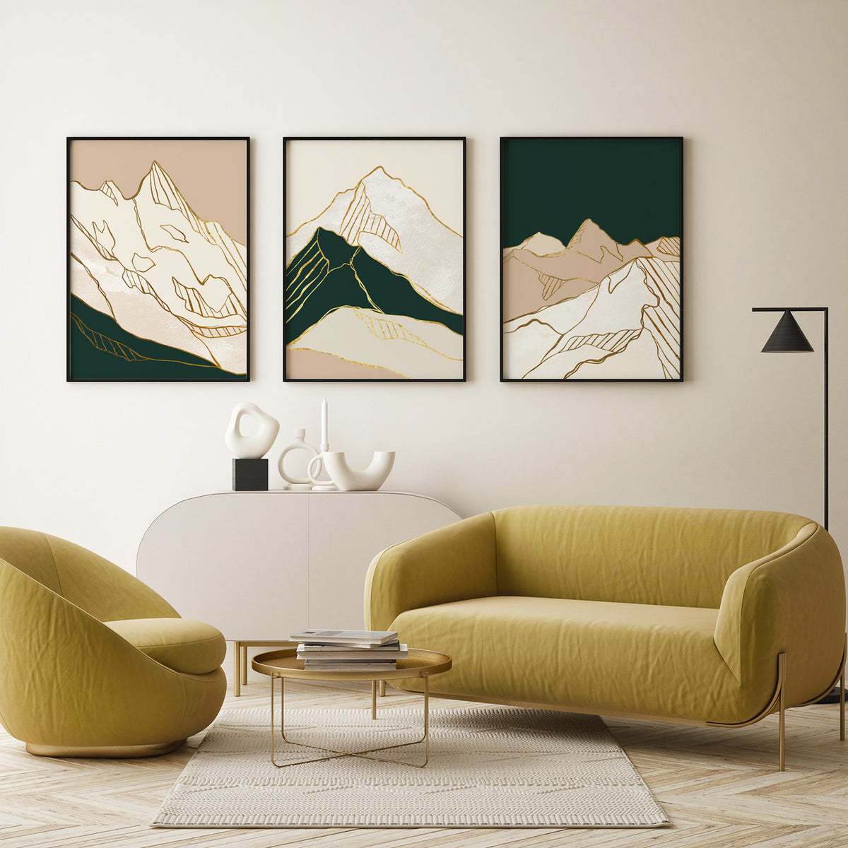Golden Mountain Abstract Gold Art Set of 3, Modern Wall Art, Landscape Art, Minimalist Art