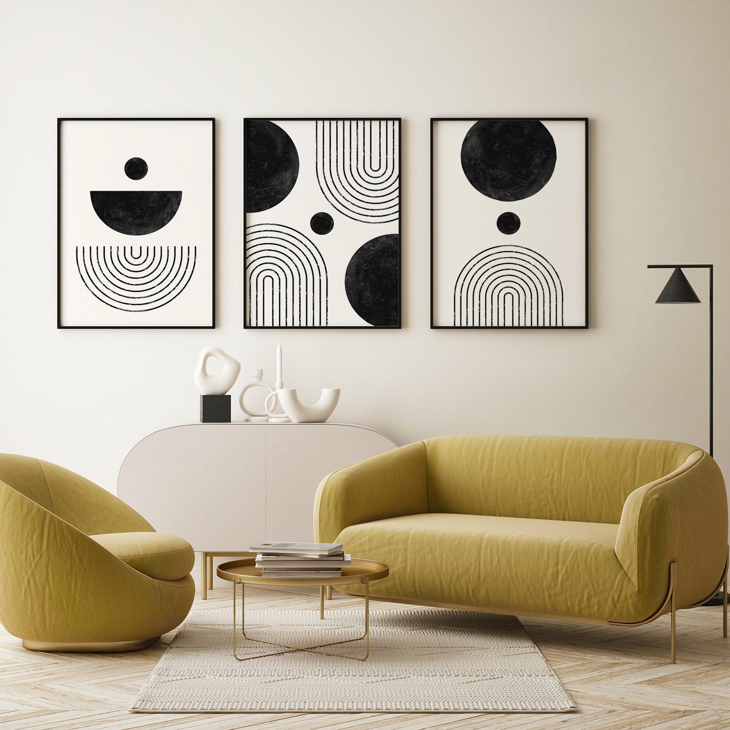 Mid Century Modern Wall Art Set of 3, Black and White Geometric, Black Gray Abstract Art Set