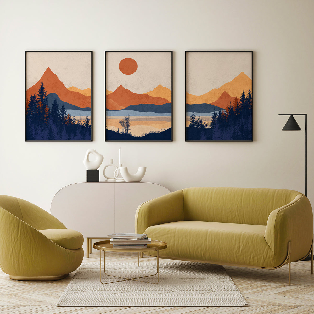 Set of 3 Mountain Art. Mid Century Modern Wall Art, Minimalist Landscape Abstract