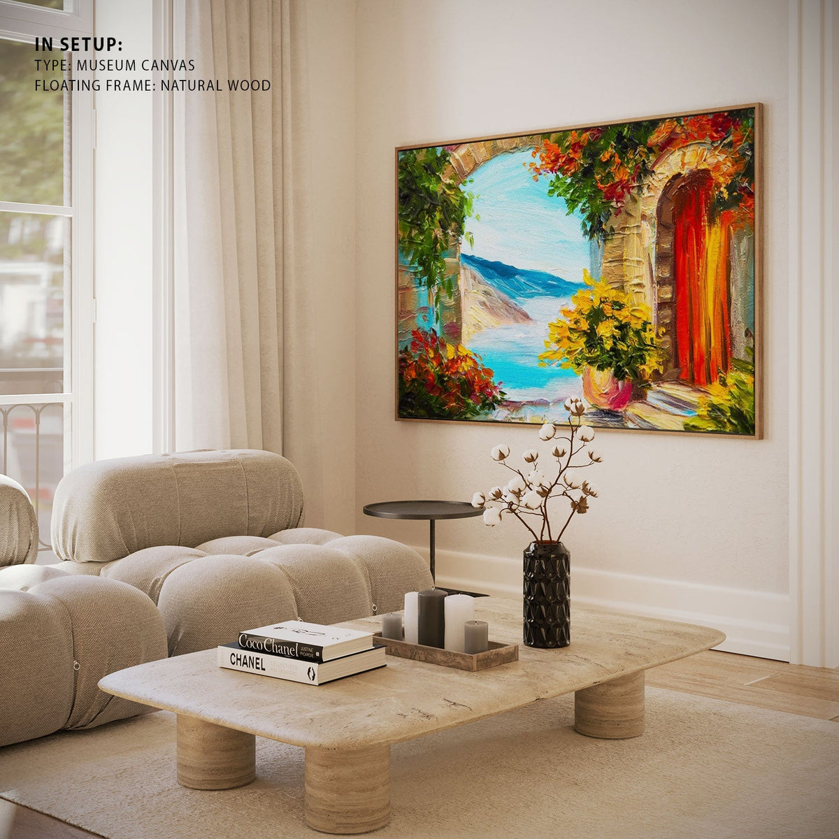 house near the sea colorful flowers summer seascape, Big Canvas Paintings