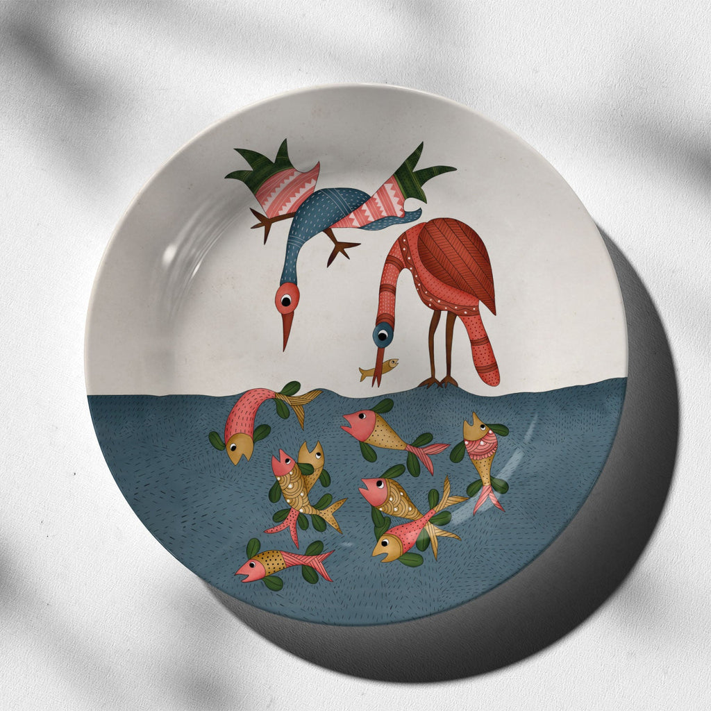 Colorful Crane and Flamingo Fishing Decorative Wall Plate