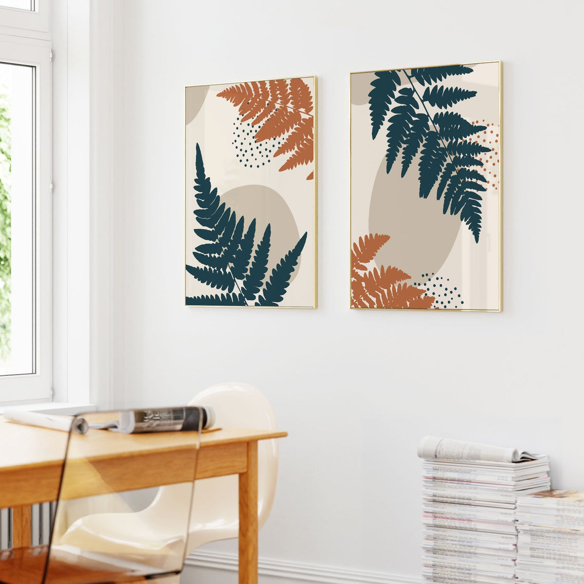 Abstract Botanical Plant and Leaves, Set of 2, Set of two Paintings