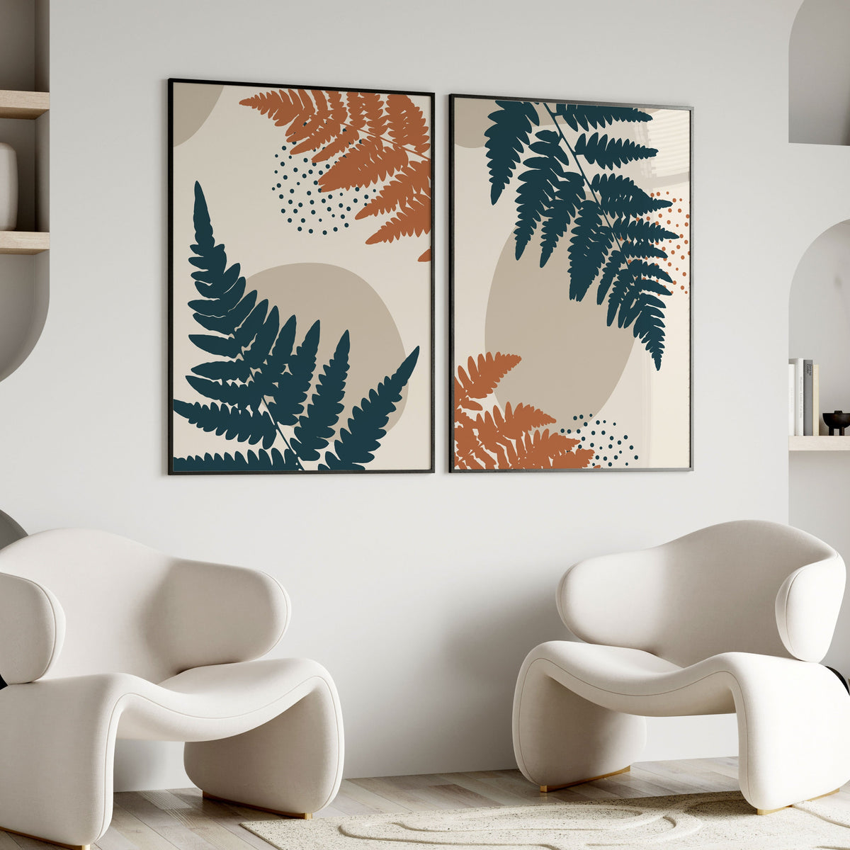 Abstract Botanical Plant and Leaves, Set of 2, Set of two Paintings