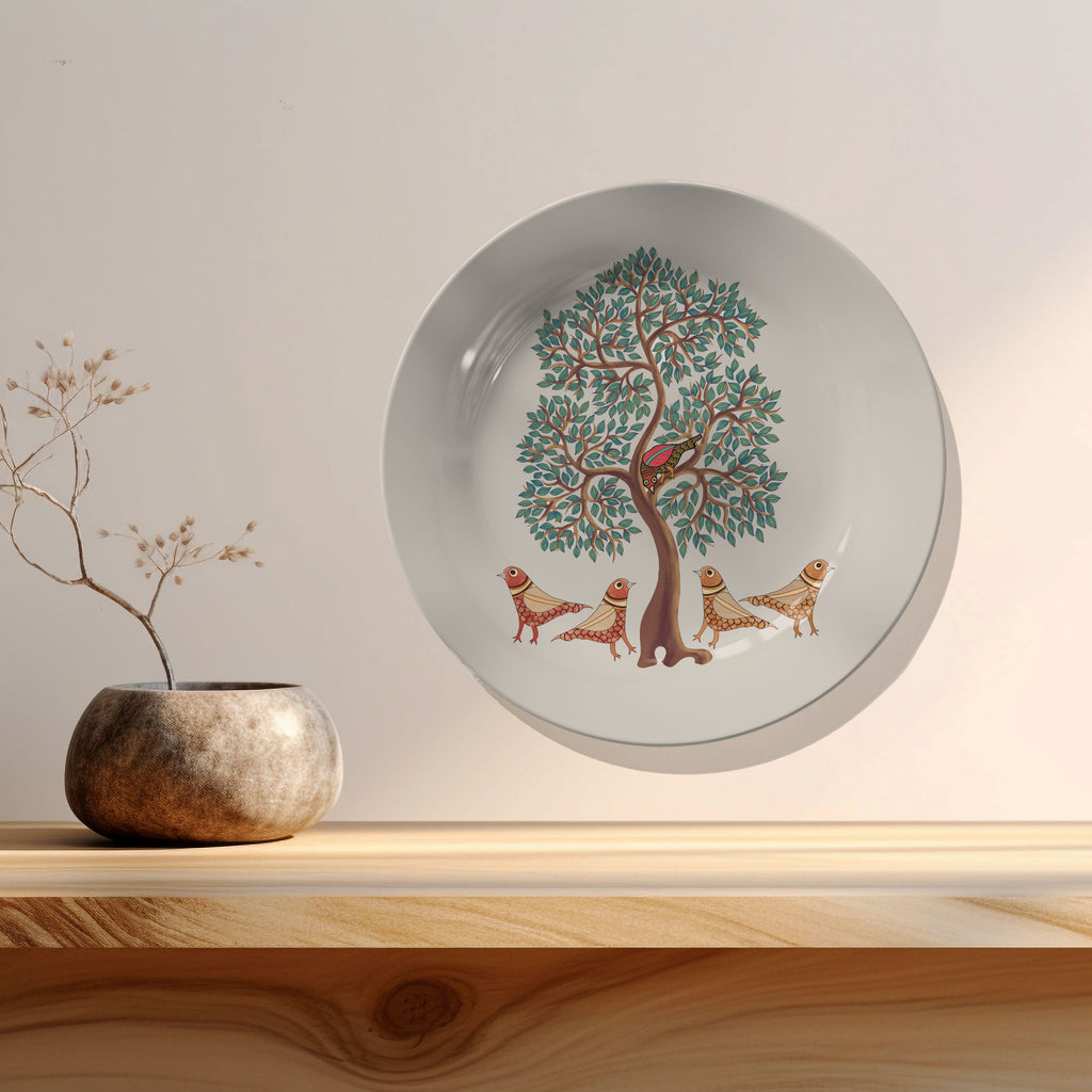 Birds Chirping Gond Art, Indian Tribal Art Decorative Wall Plate