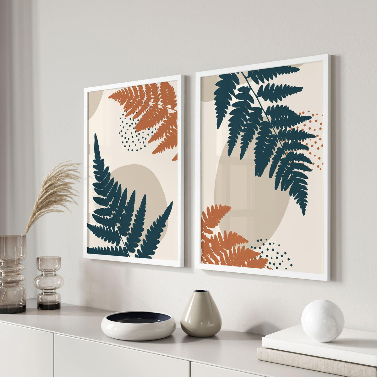 Abstract Botanical Plant and Leaves, Set of 2, Set of two Paintings