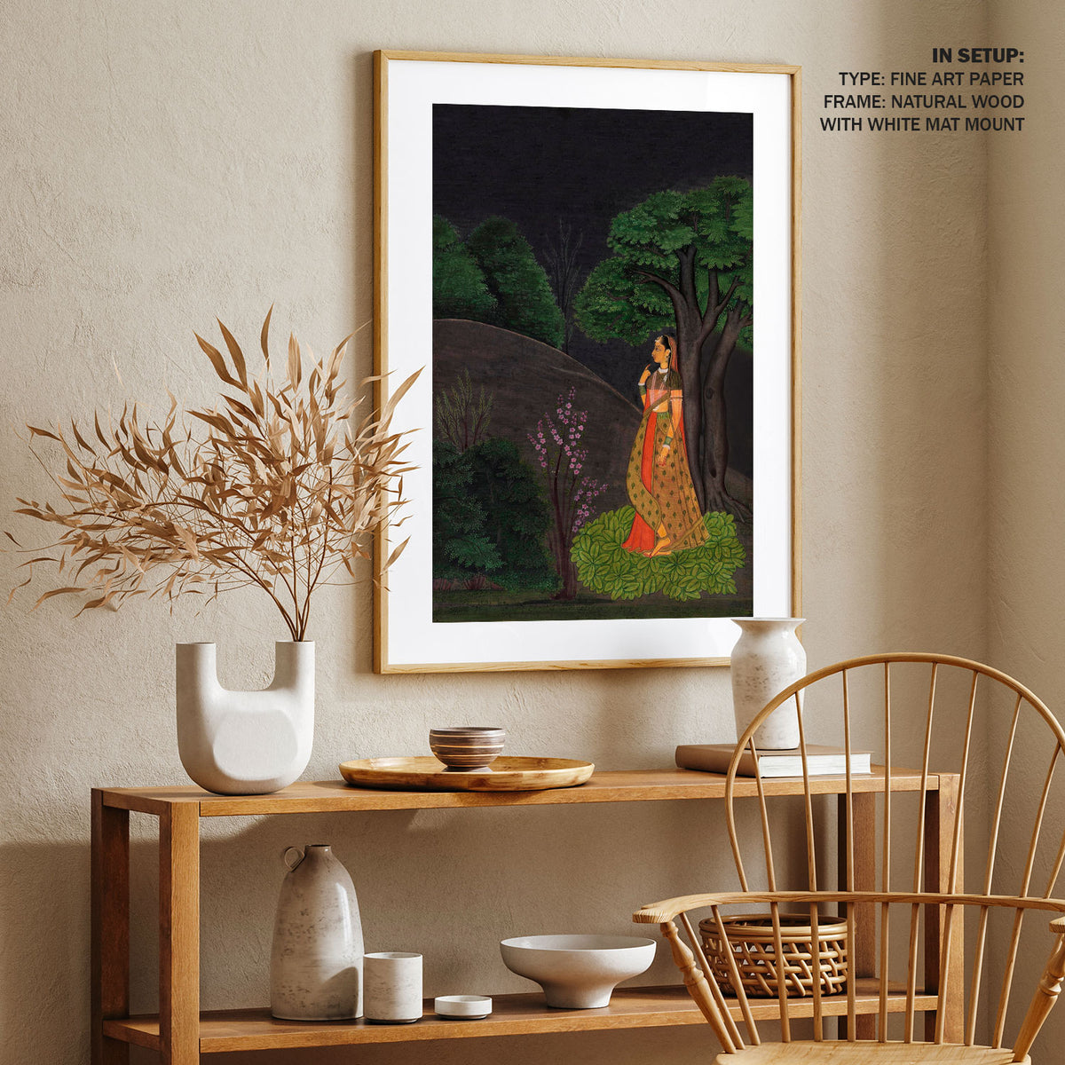A girl waiting for her lover under a tree , Indian Miniature Paintings