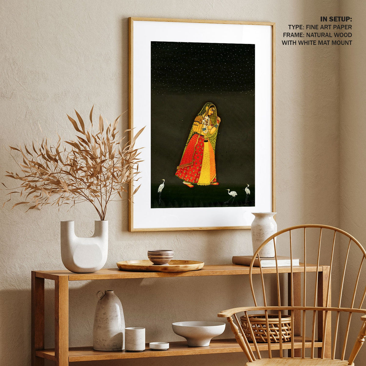 A lady moves through a moon lit landscape, Rajasthani Miniature Paintings