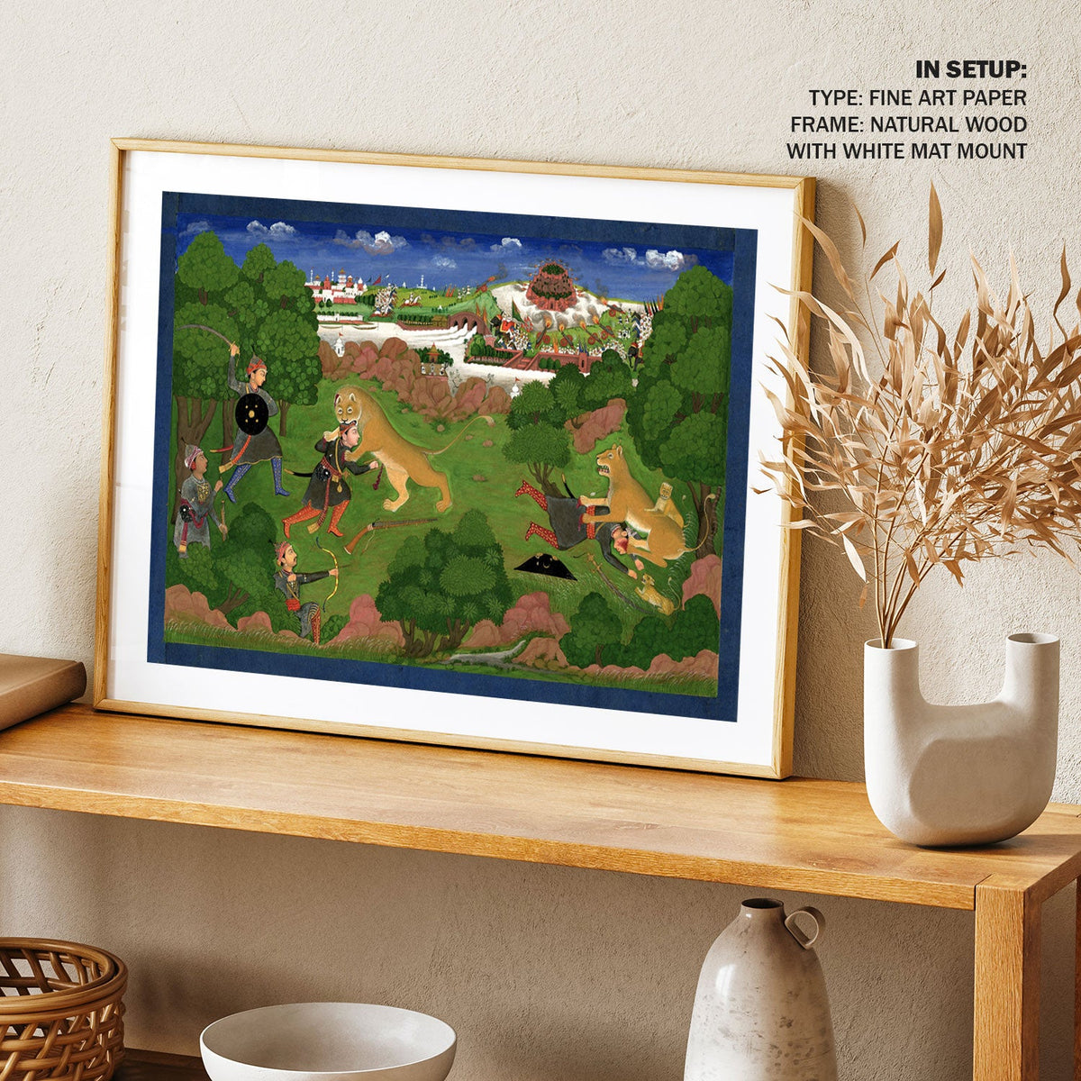 A lion hunt where two hunters are being mauled by their prey, Indian Miniature Paintings