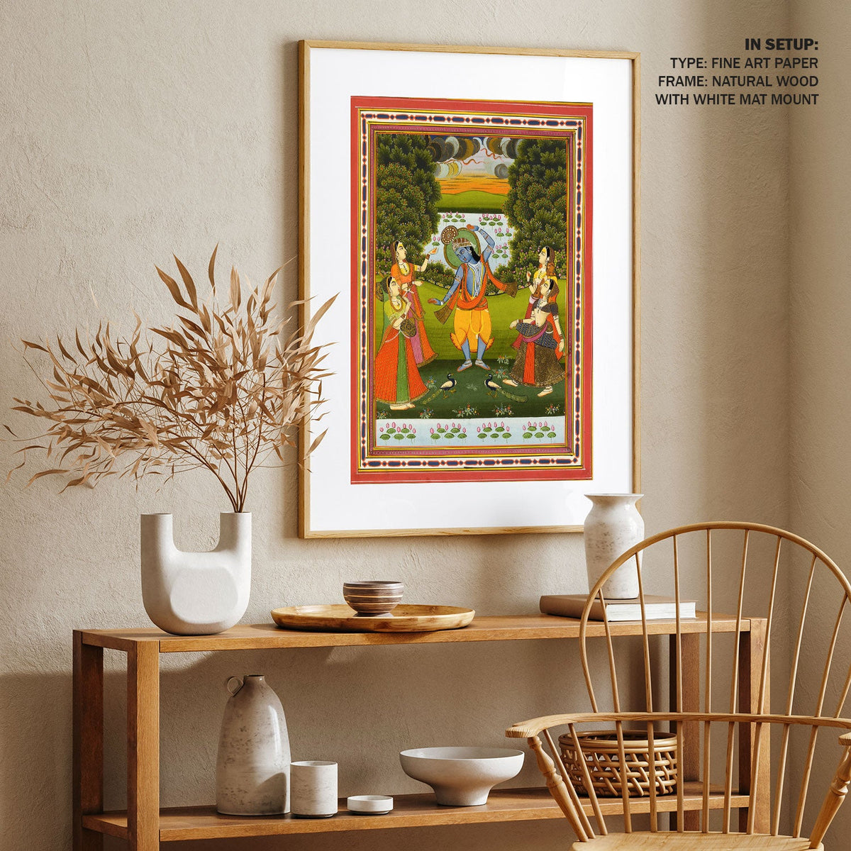A yellow garbed Krishna with peacock feathered crown and orange shawl, Rajasthani Miniature Paintings