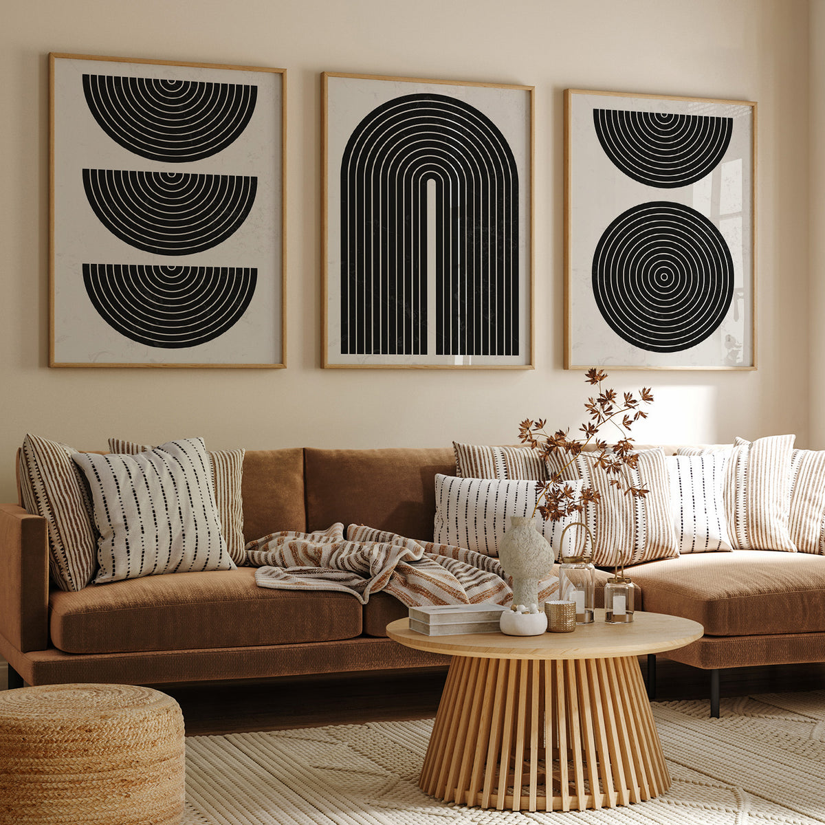 Abstract Black and White Geometric Art Set of 3, Modern Wall Art, Mid-Century Art, Boho Art