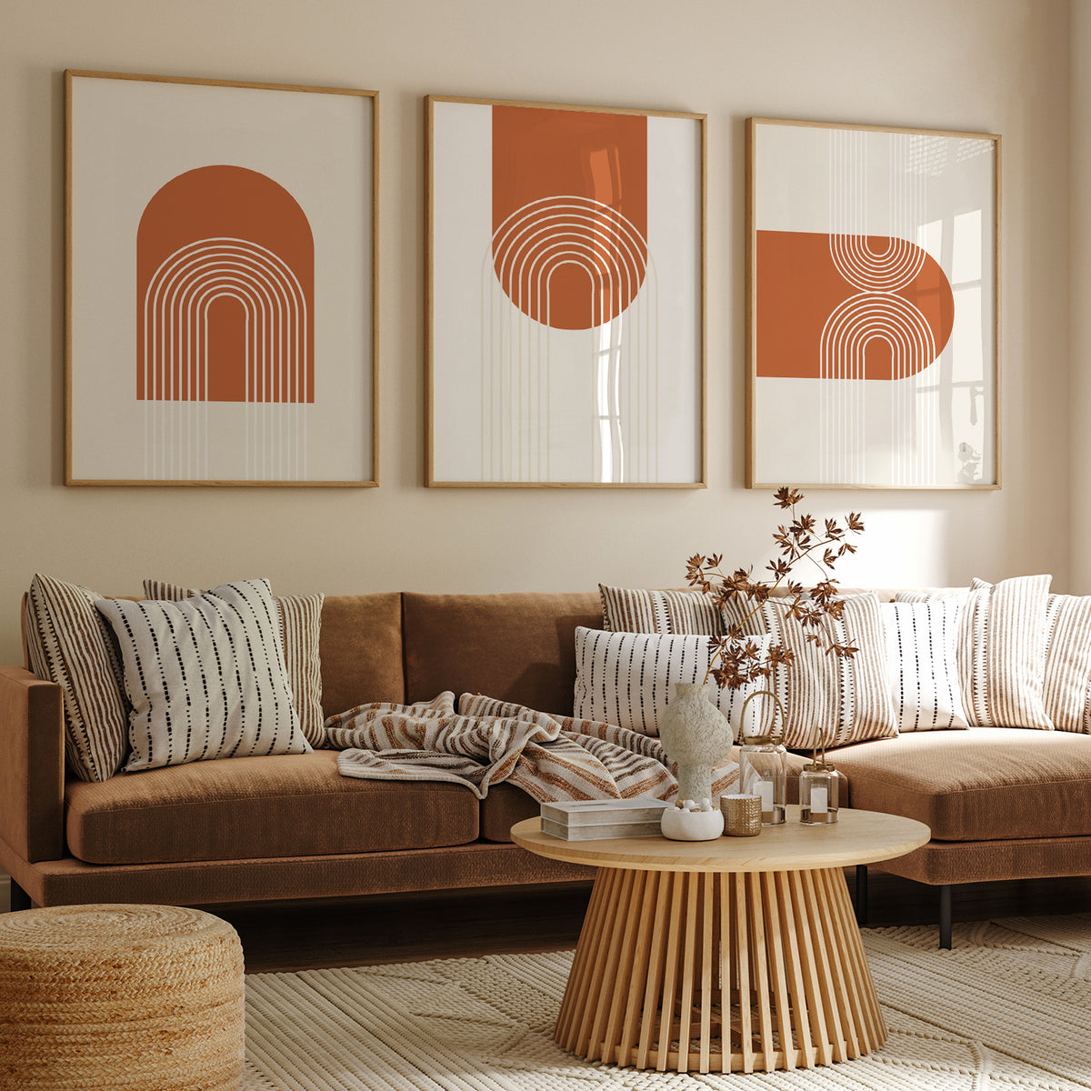 Boho Geometric Shapes Art Set of 3, Mid Century Modern Line Art, Abstract Painting Set