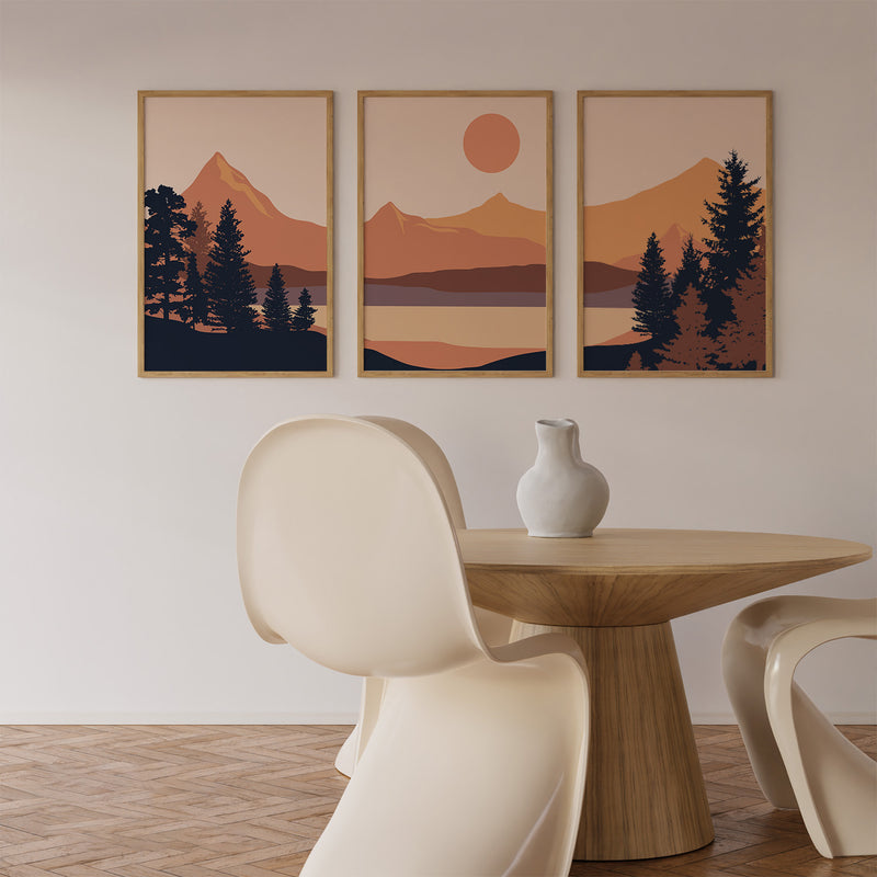 Landscape Mountain Minimalist Art Set of 3, Modern Wall Art, Mid-Century Art