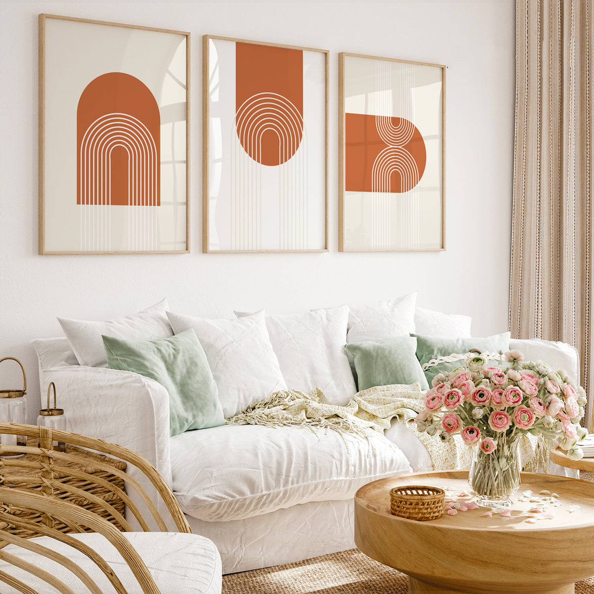 Boho Geometric Shapes Art Set of 3, Mid Century Modern Line Art, Abstract Painting Set
