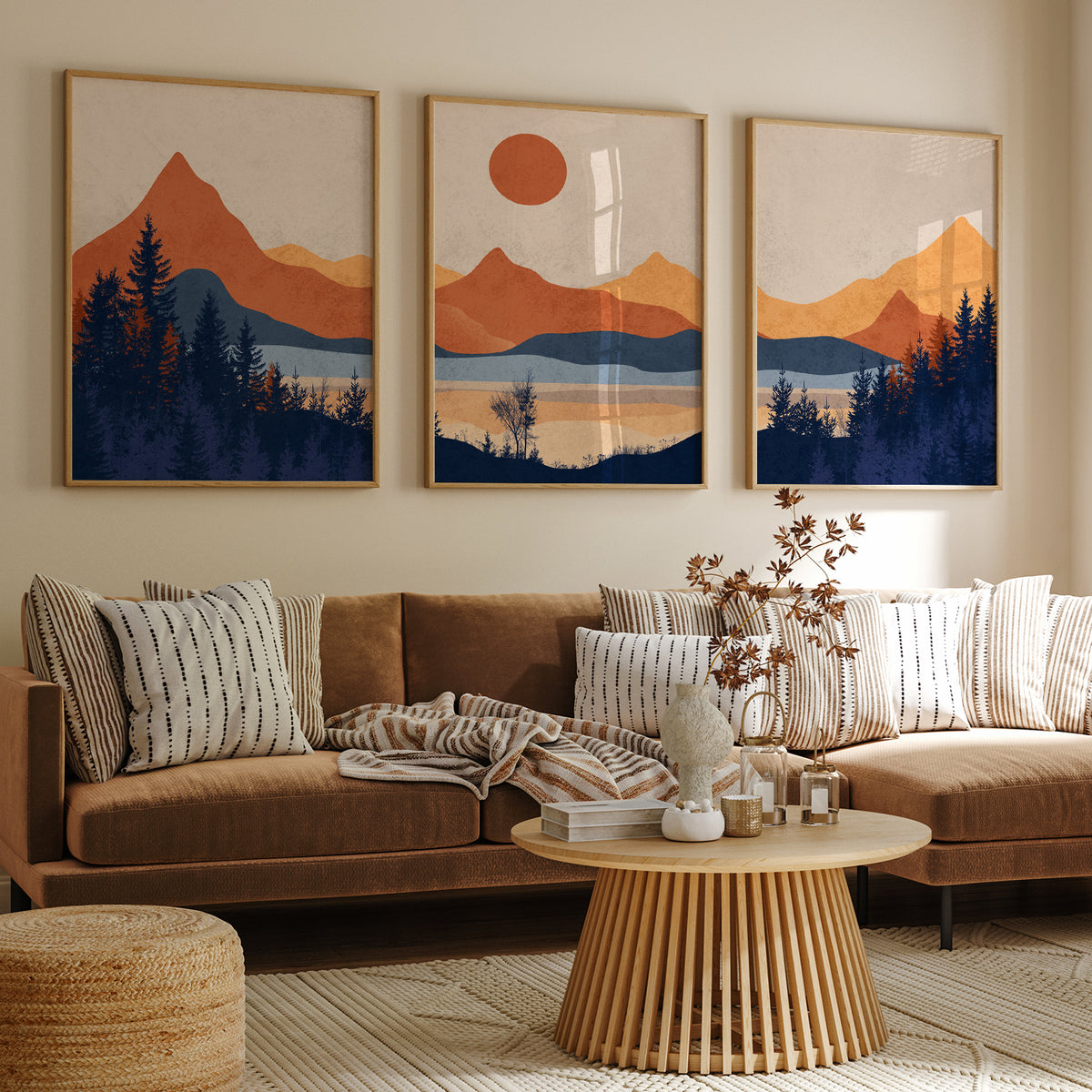 Set of 3 Mountain Art. Mid Century Modern Wall Art, Minimalist Landscape Abstract