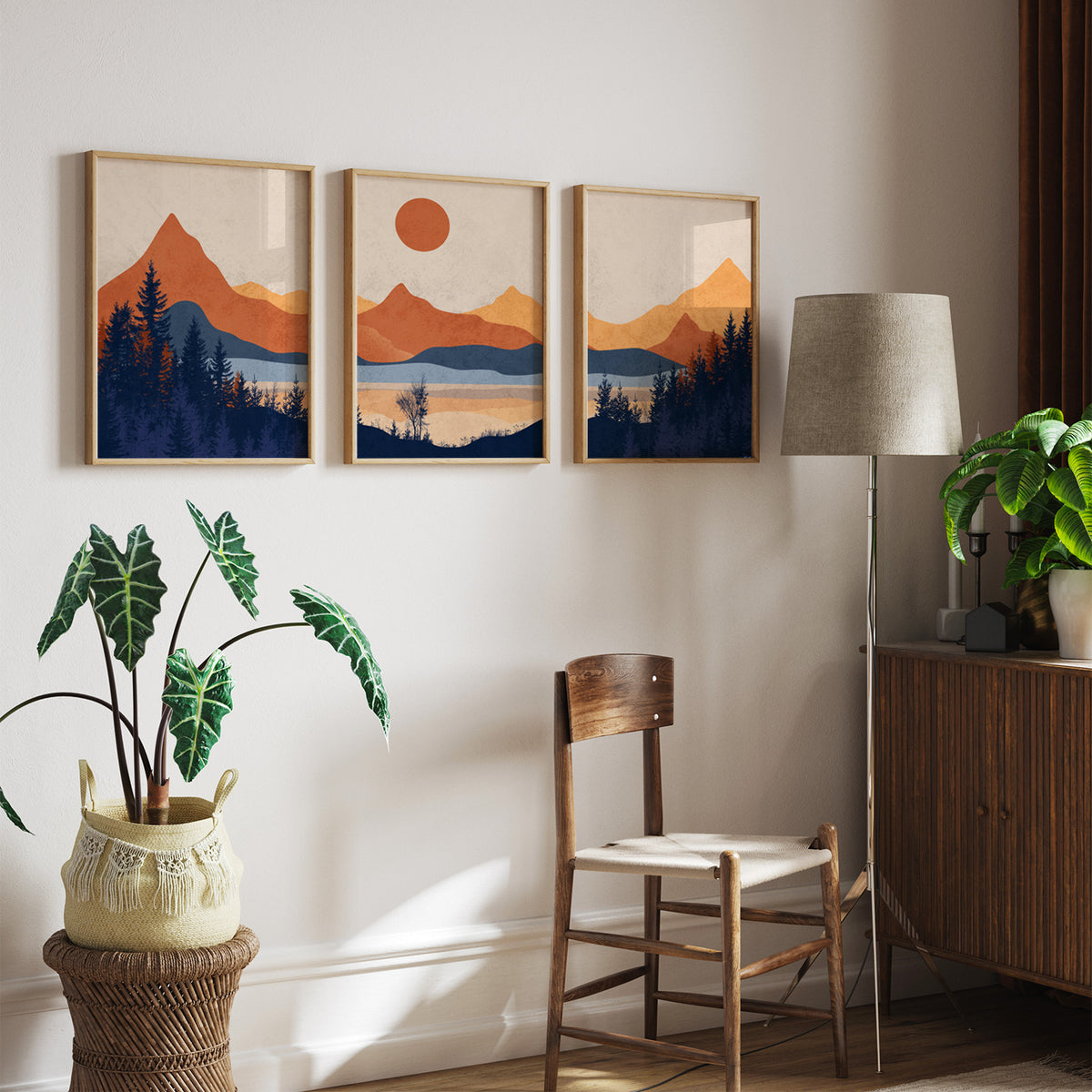 Set of 3 Mountain Art. Mid Century Modern Wall Art, Minimalist Landscape Abstract