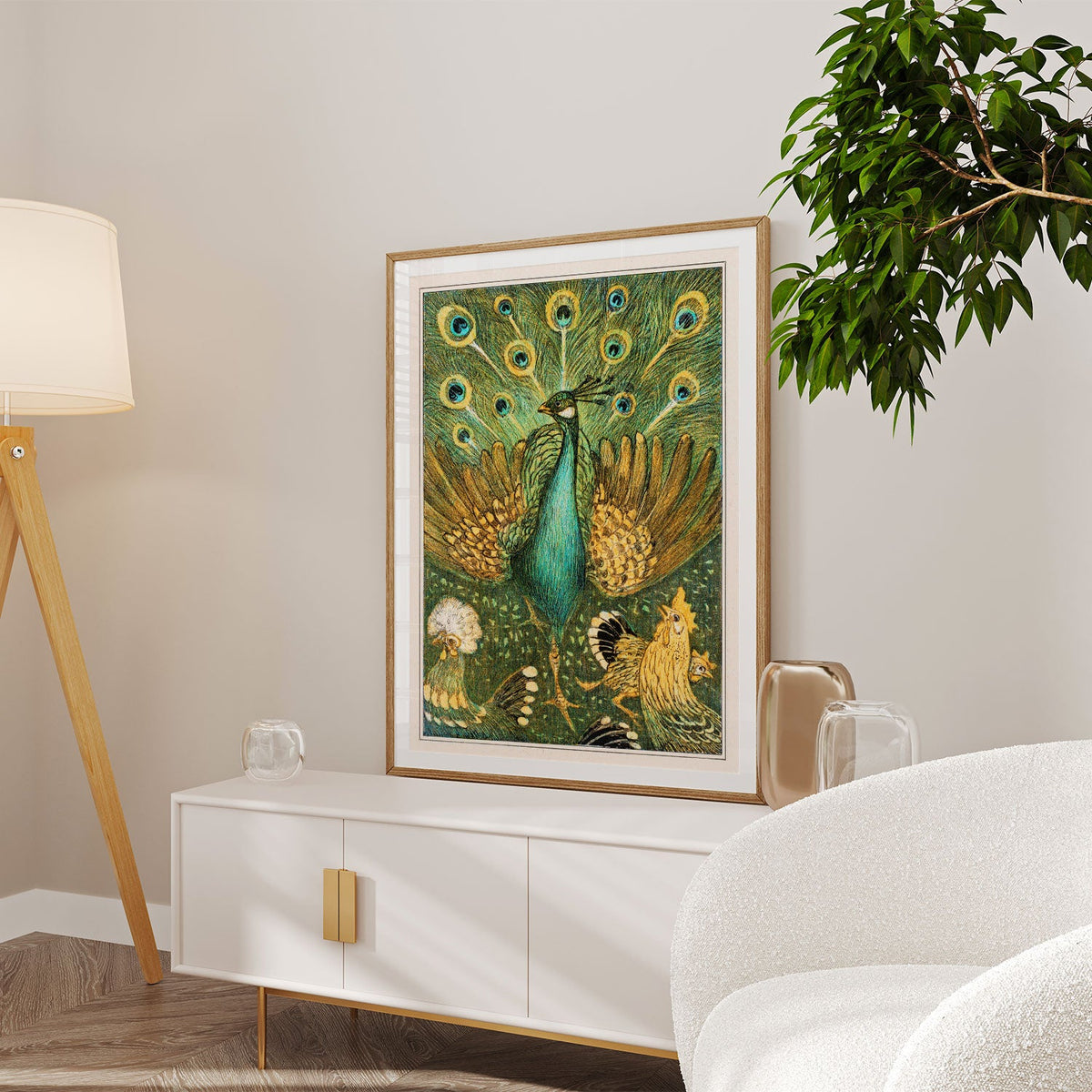 Pauw met kippen Art Nouveau