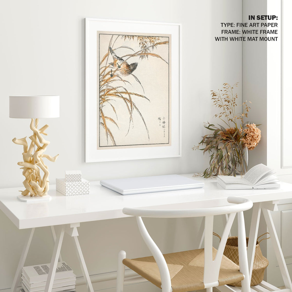 Japanese Grey Bunting and Rise Plant, Japanese Art Painting