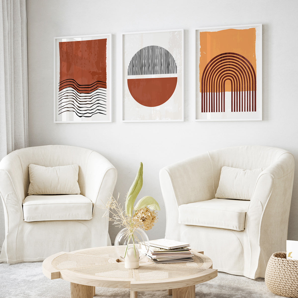 Abstract Geometric Art Set of 3, Modern Wall Art, Mid-Century Art, Boho Art