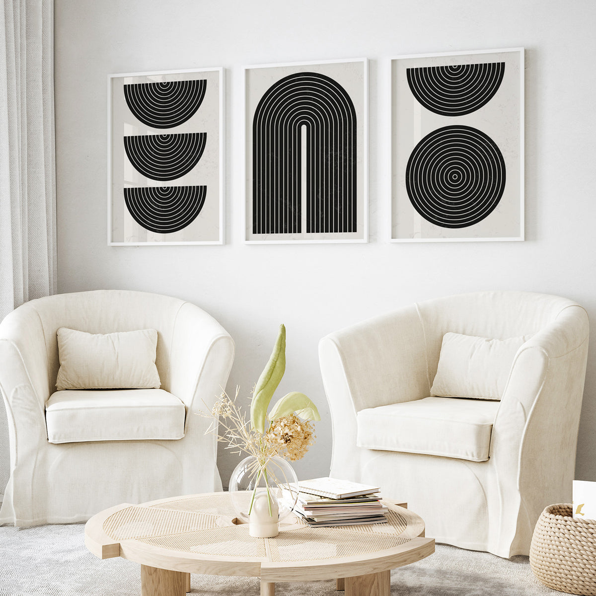 Abstract Black and White Geometric Art Set of 3, Modern Wall Art, Mid-Century Art, Boho Art