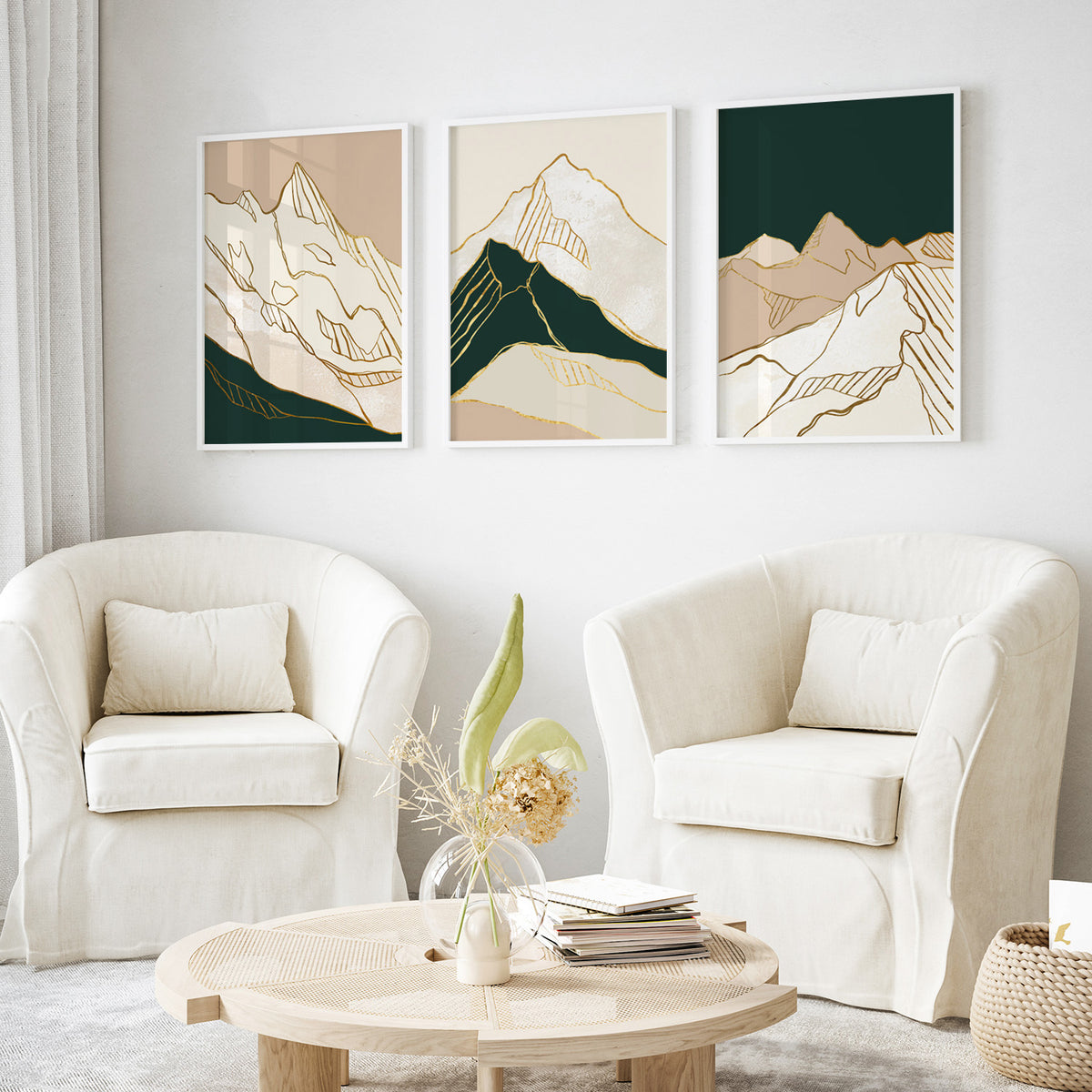 Golden Mountain Abstract Gold Art Set of 3, Modern Wall Art, Landscape Art, Minimalist Art
