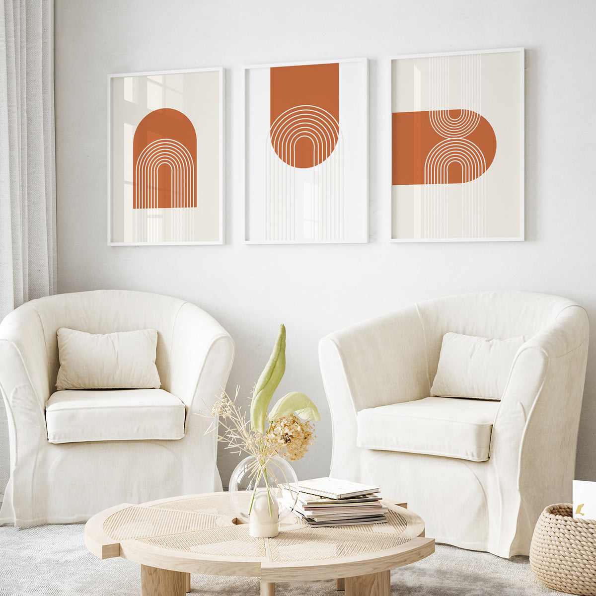 Boho Geometric Shapes Art Set of 3, Mid Century Modern Line Art, Abstract Painting Set