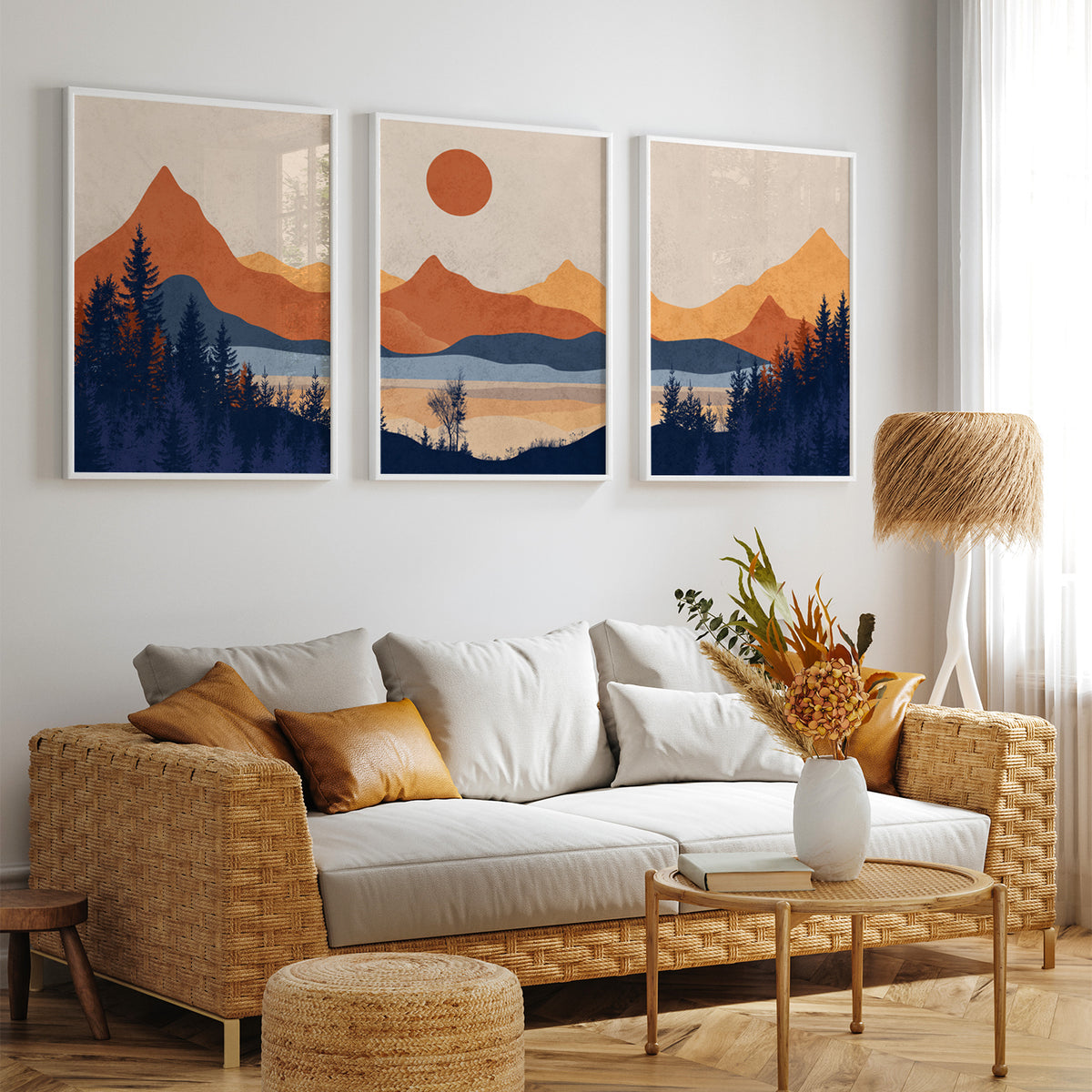 Set of 3 Mountain Art. Mid Century Modern Wall Art, Minimalist Landscape Abstract