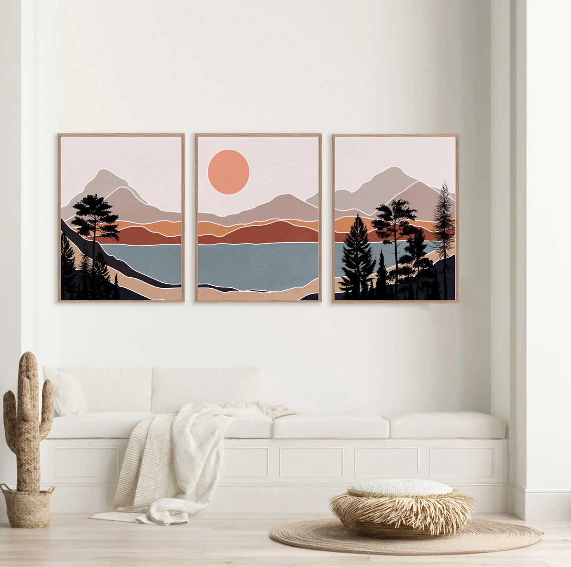 Boho wall art, Abstract landscape mountain trees, Boho decor Minimalist art